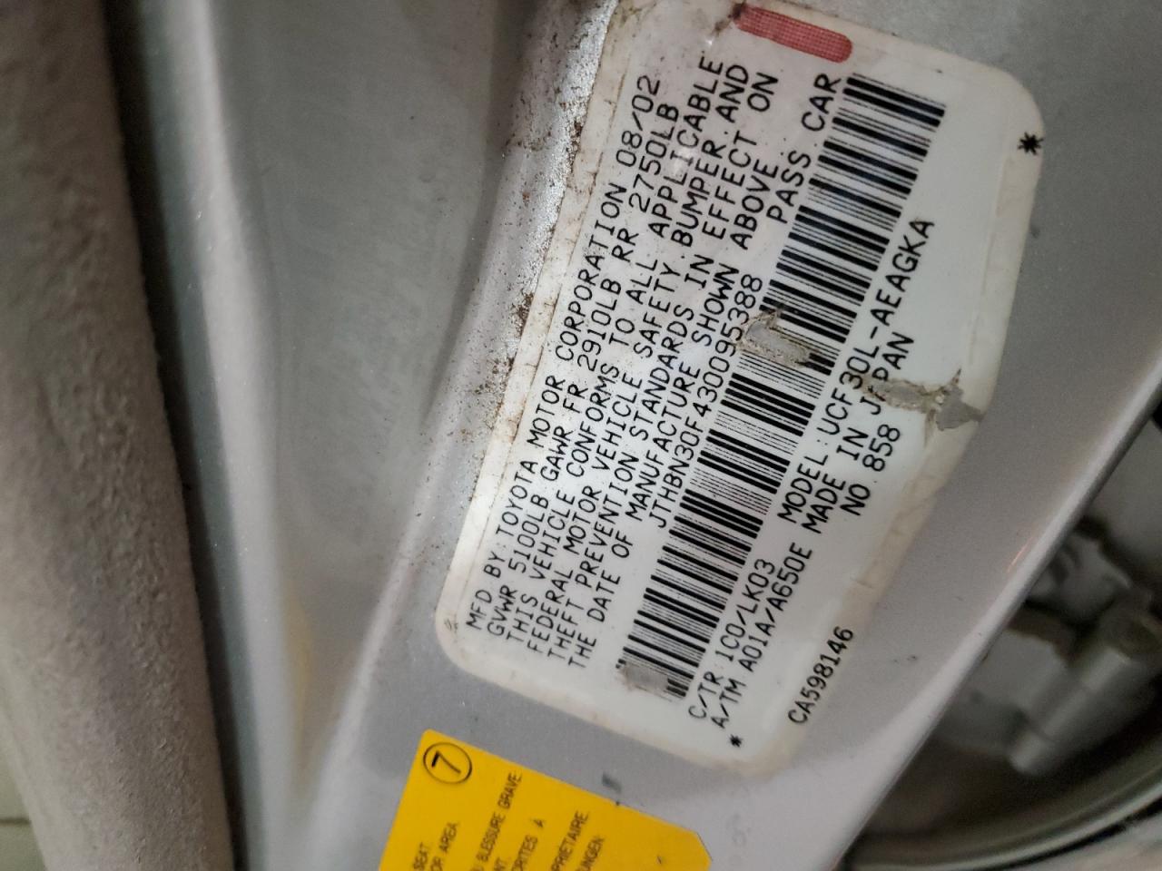 2003 Lexus Ls 430 VIN: JTHBN30F430095388 Lot: 42990465