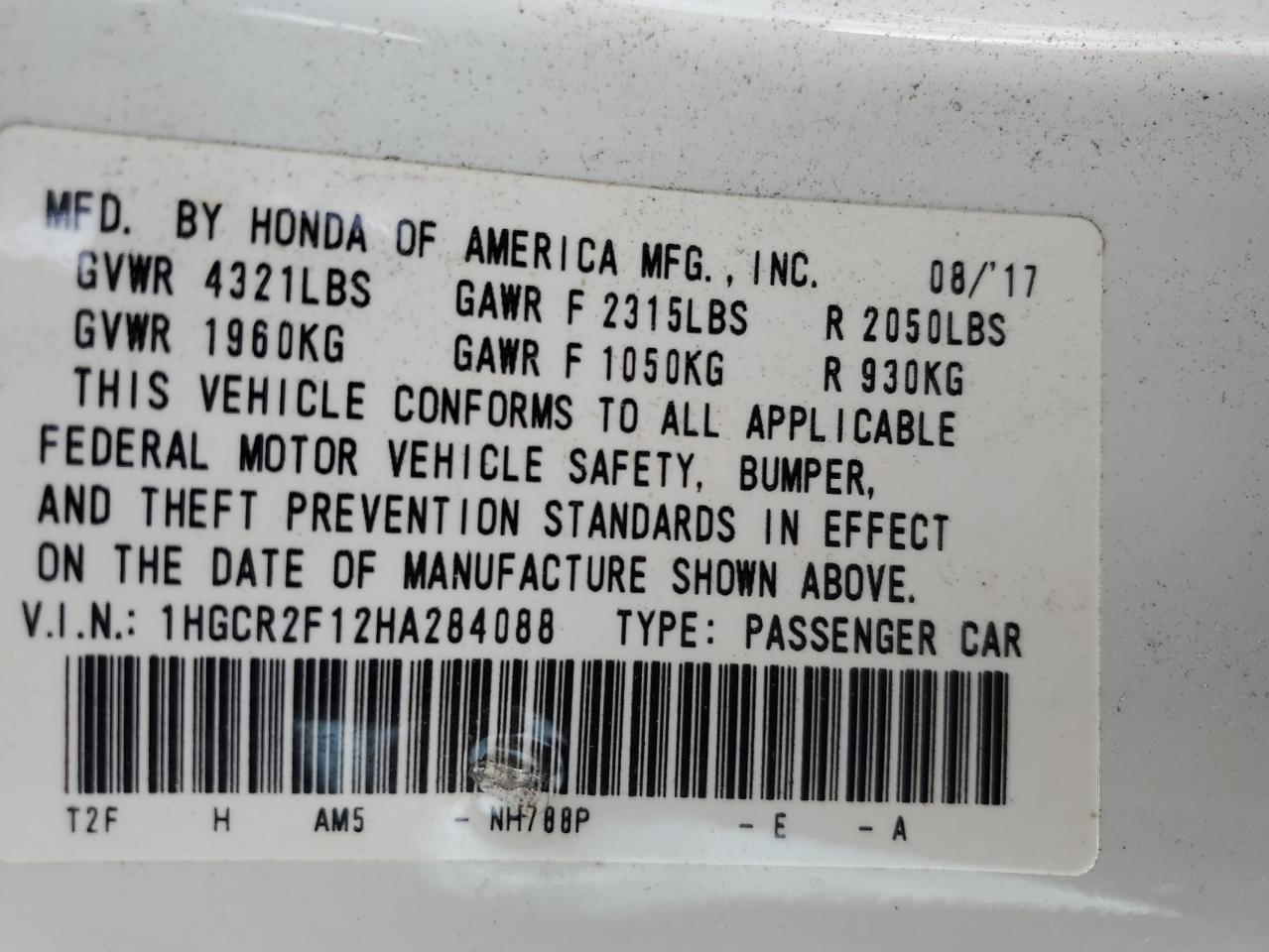 VIN 1HGCR2F12HA284088 2017 HONDA ACCORD no.12