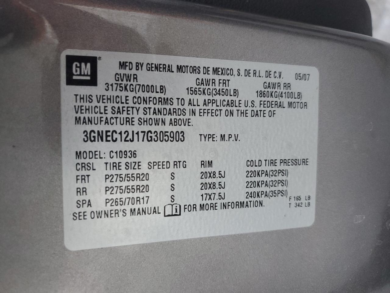 2007 Chevrolet Avalanche C1500 VIN: 3GNEC12J17G305903 Lot: 86392494