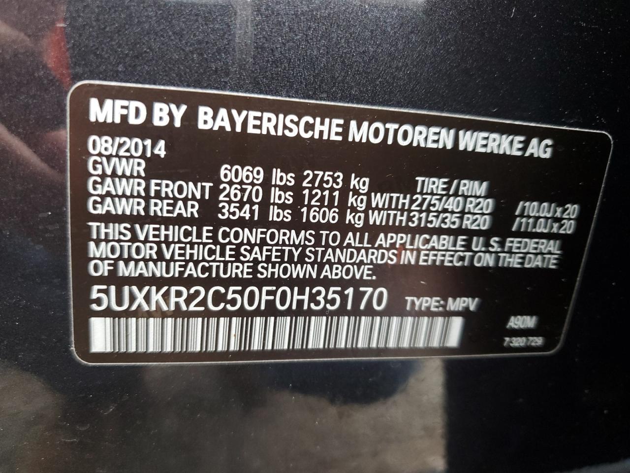 VIN 5UXKR2C50F0H35170 2015 BMW X5 no.13