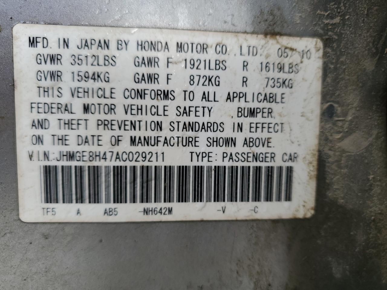 2010 Honda Fit Sport VIN: JHMGE8H47AC029211 Lot: 87886015