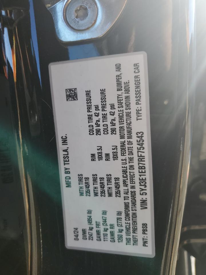 2024 Tesla Model 3 VIN: 5YJ3E1EB7RF754543 Lot: 88533895