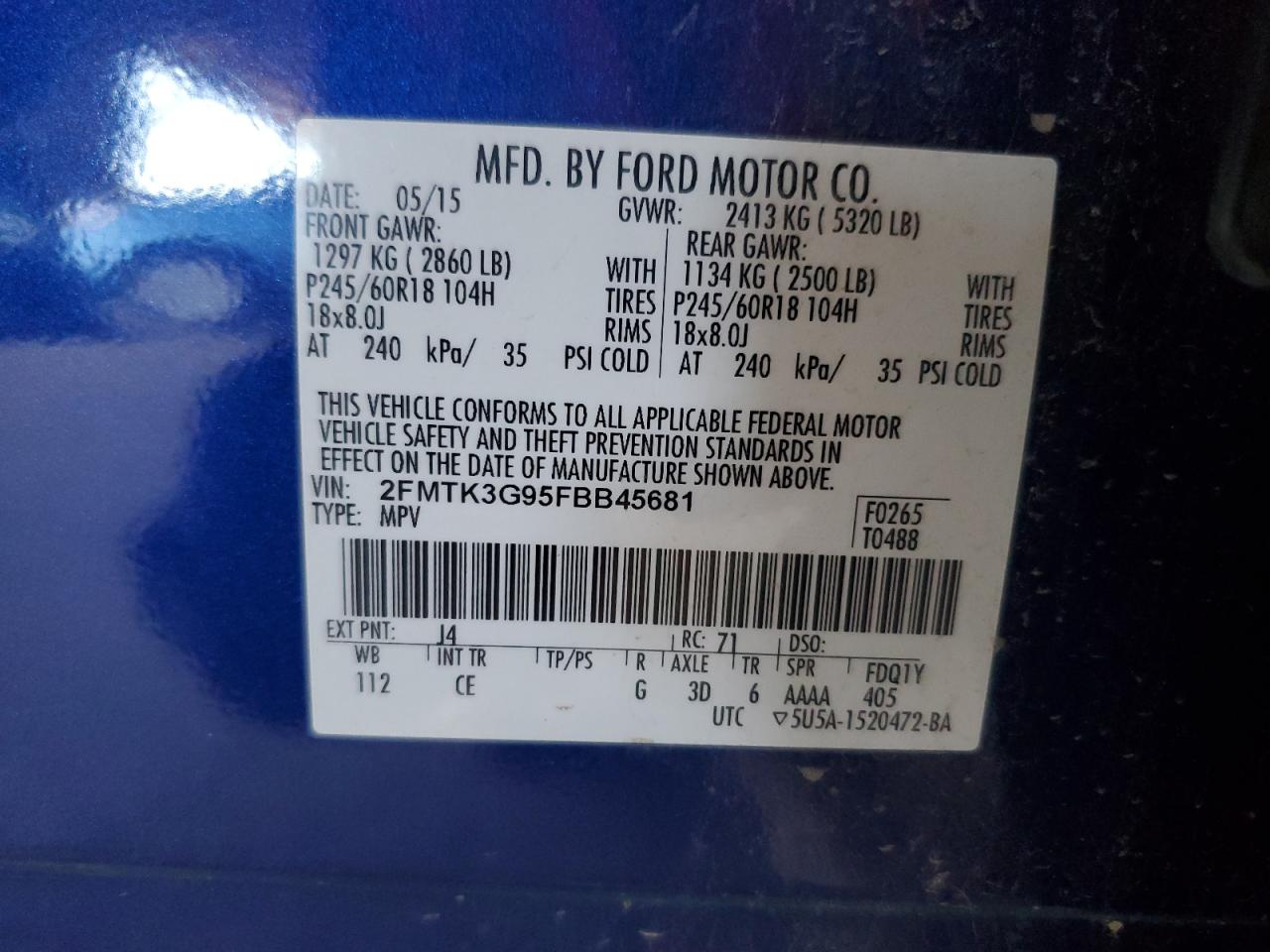 VIN 2FMTK3G95FBB45681 2015 FORD EDGE no.13