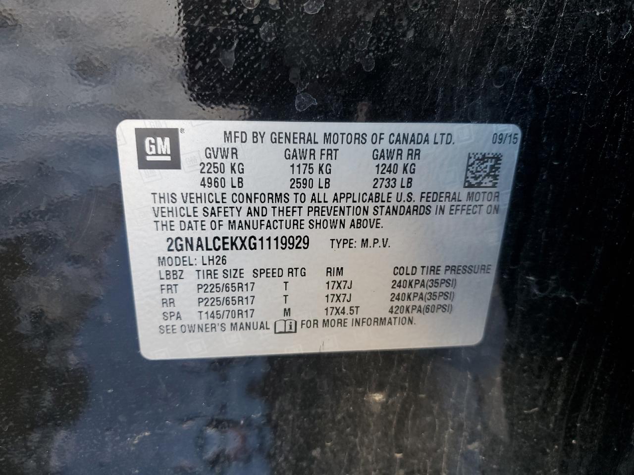 2016 Chevrolet Equinox Lt VIN: 2GNALCEKXG1119929 Lot: 93289575