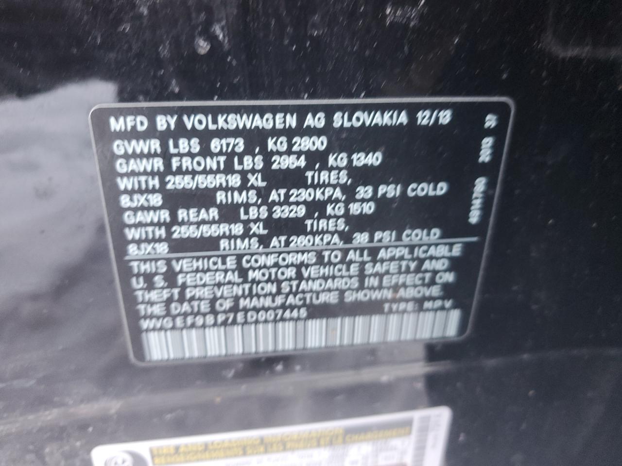 2014 Volkswagen Touareg V6 VIN: WVGEF9BP7ED007445 Lot: 87930585