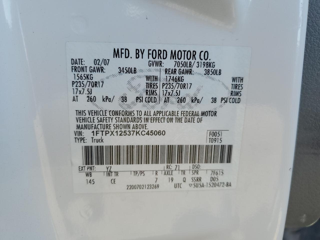 2007 Ford F150 VIN: 1FTPX12537KC45060 Lot: 87746375