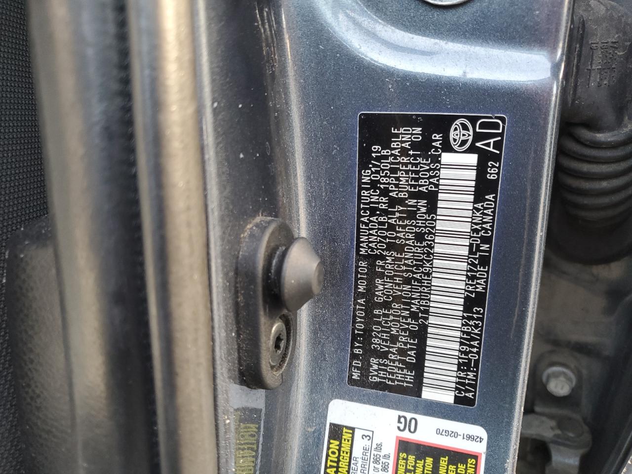 2019 Toyota Corolla L VIN: 2T1BURHE9KC236205 Lot: 89267125