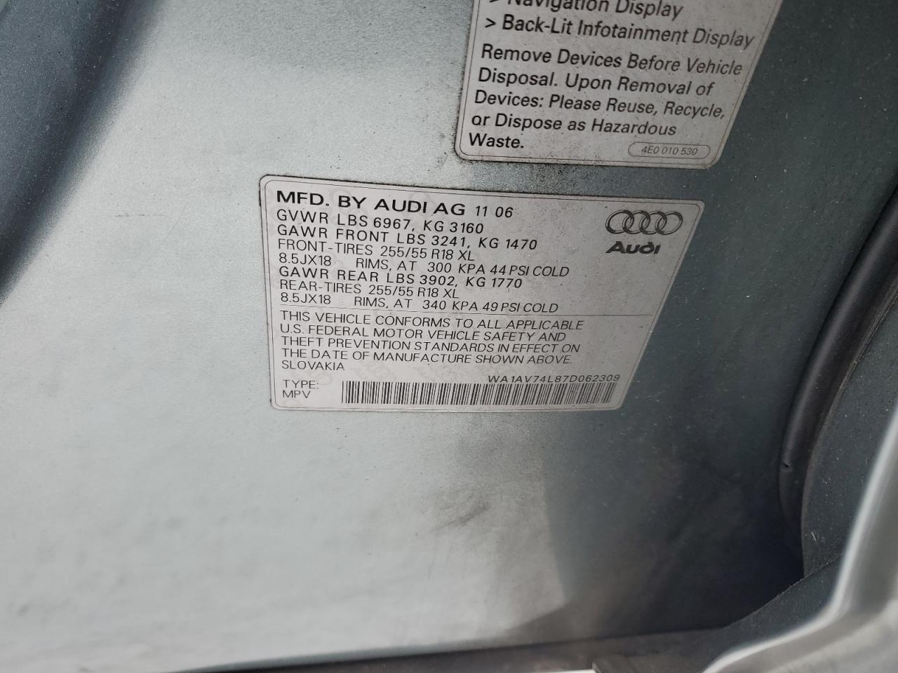 2007 Audi Q7 4.2 Quattro VIN: WA1AV74L87D062509 Lot: 41666965