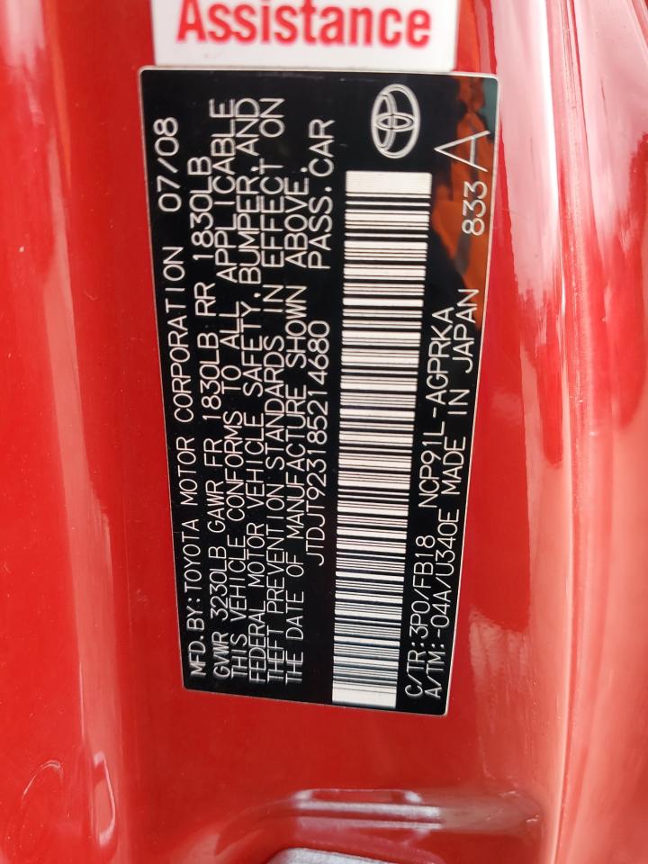 2008 Toyota Yaris VIN: JTDJT923185214680 Lot: 43065665