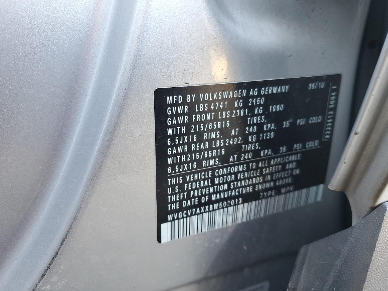 2011 Volkswagen Tiguan S VIN: WVGCV7AXXBW502013 Lot: 88782505