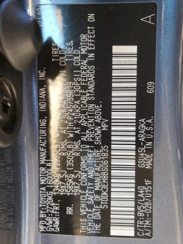 2011 Toyota Highlander Limited VIN: 5TDDK3EH8BS061835 Lot: 87923665