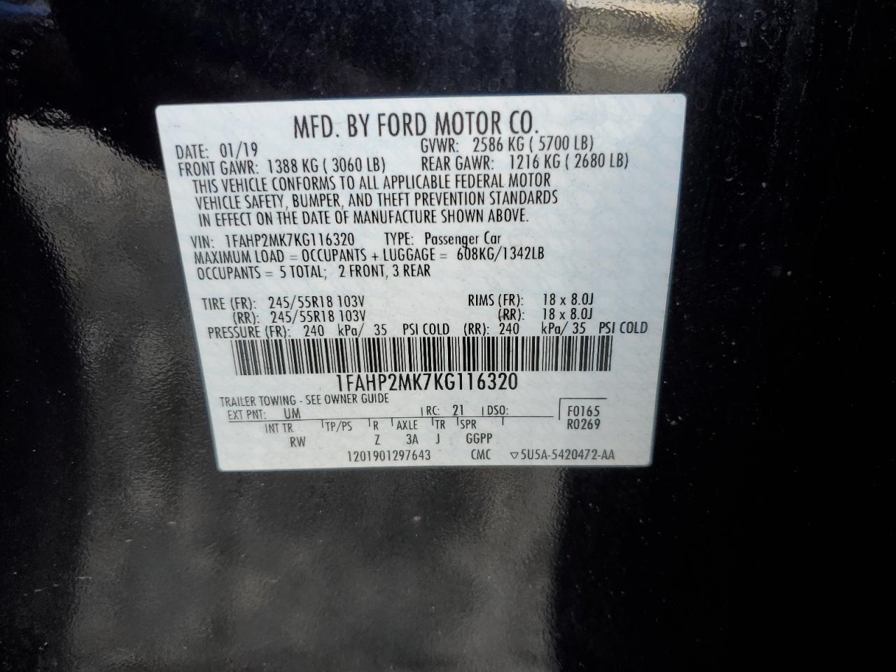 2019 Ford Taurus Police Interceptor VIN: 1FAHP2MK7KG116320 Lot: 88207645