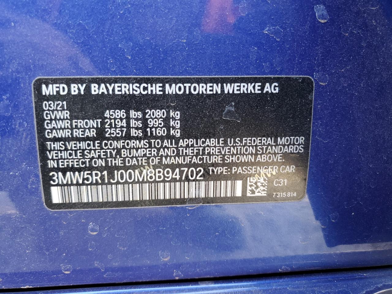 2021 BMW 330I VIN: 3MW5R1J00M8B94702 Lot: 41795335