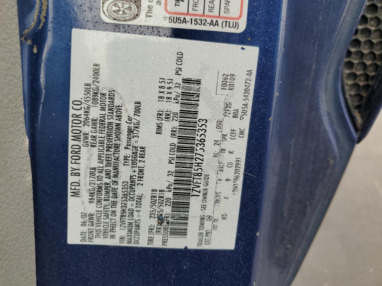 2007 Ford Mustang Gt VIN: 1ZVFT85H275365353 Lot: 42509375