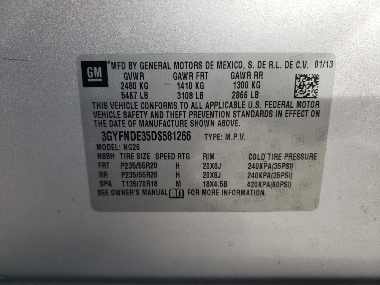 2013 Cadillac Srx Performance Collection VIN: 3GYFNDE35DS581266 Lot: 62520205