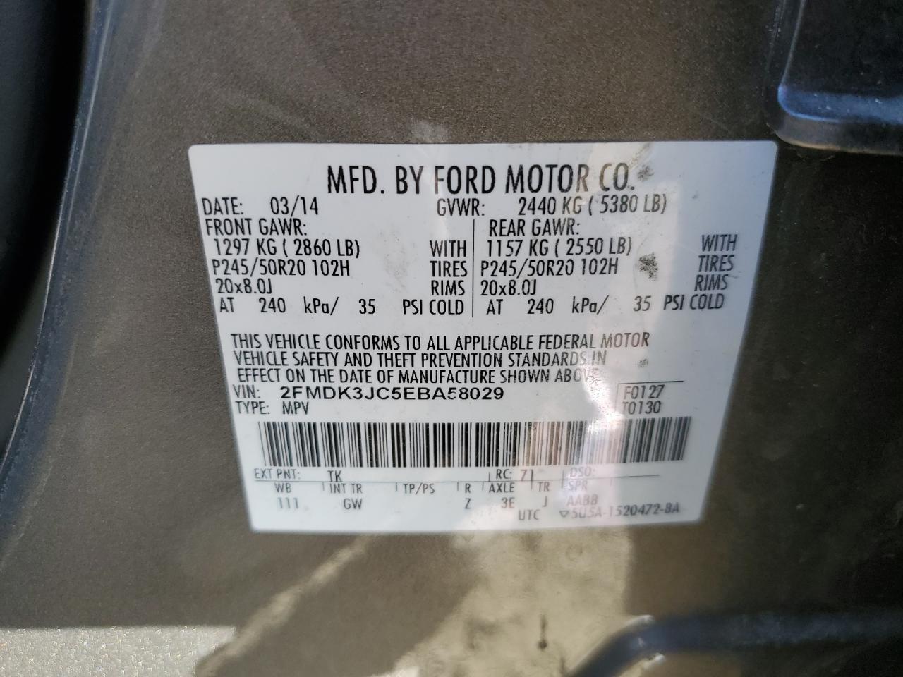 VIN 2FMDK3JC5EBA58029 2014 FORD EDGE no.13