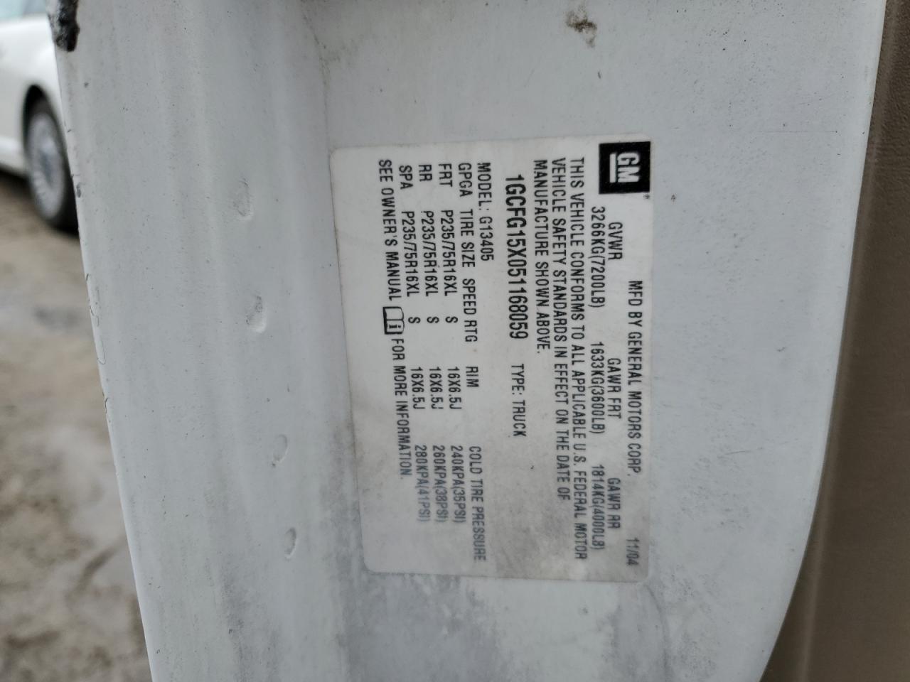 2005 Chevrolet Express G1500 VIN: 1GCFG15X051168059 Lot: 88302095