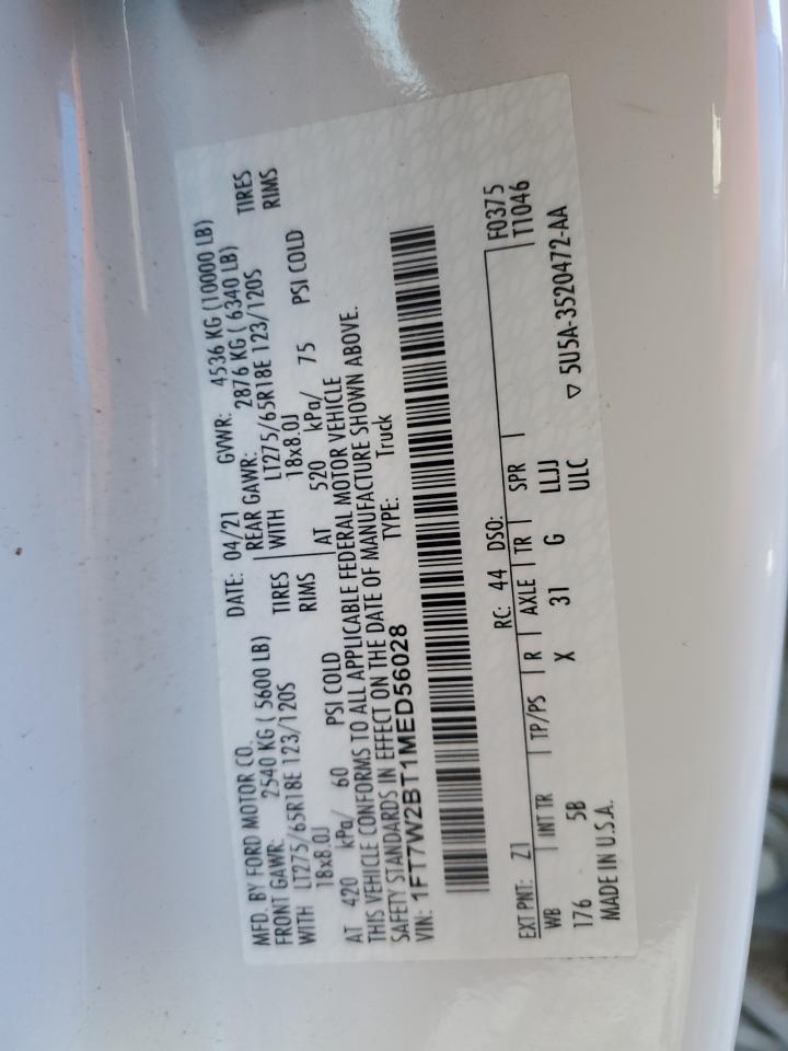 2021 Ford F250 Super Duty VIN: 1FT7W2BT1MED56028 Lot: 87958725