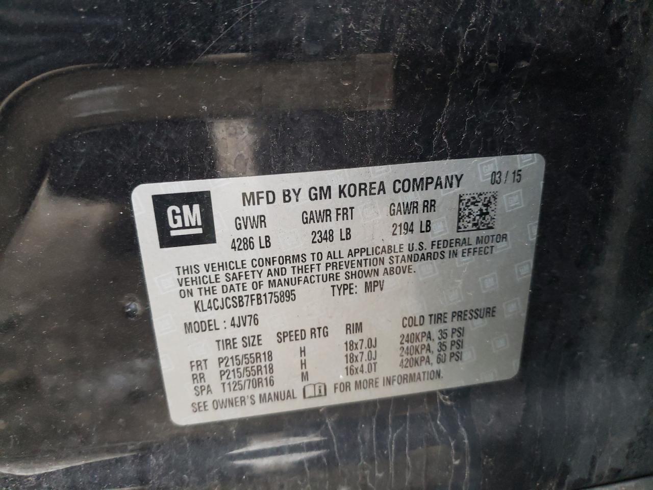 2015 BUICK ENCORE with SIDE damage, VIN KL4CJCSB7FB175895