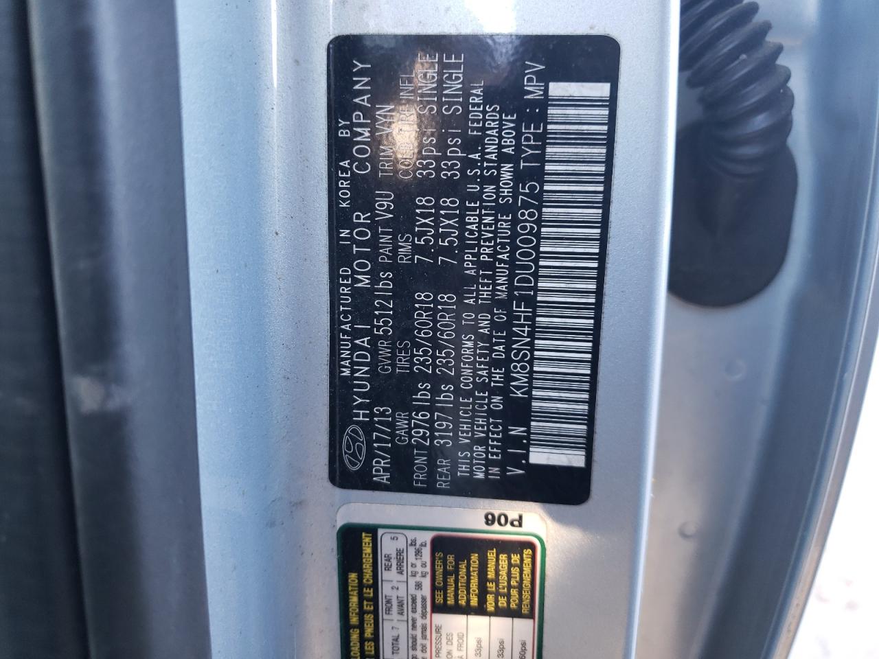 2013 Hyundai Santa Fe Gls VIN: KM8SN4HF1DU009875 Lot: 88293445