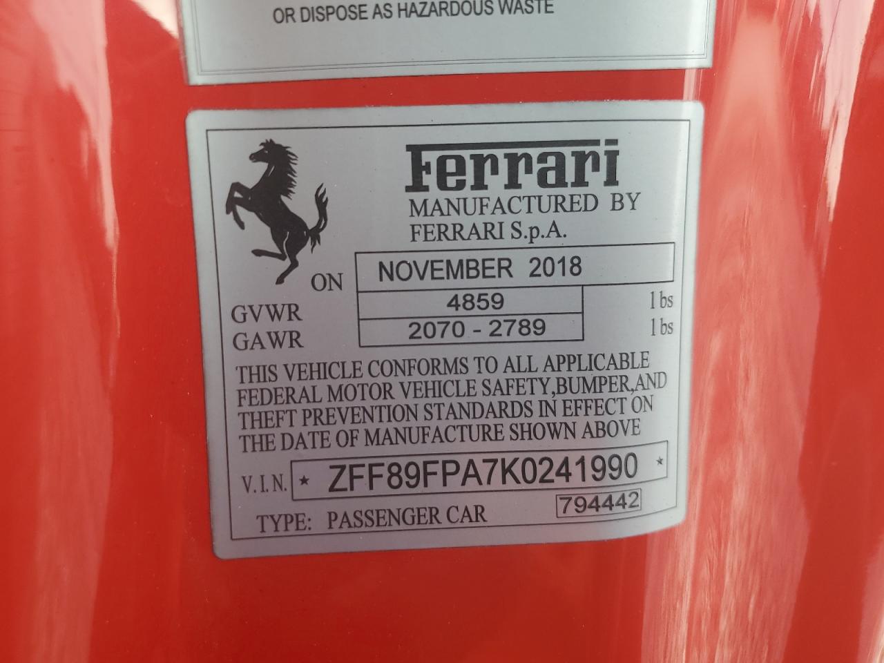 VIN ZFF89FPA7K0241990 2019 FERRARI ALL MODELS no.13