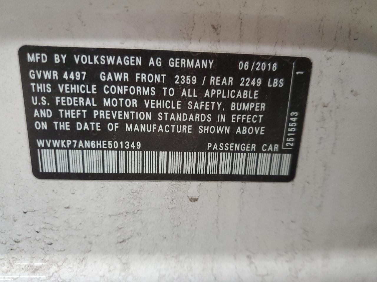 2017 Volkswagen Cc Sport VIN: WVWKP7AN6HE501349 Lot: 89126315