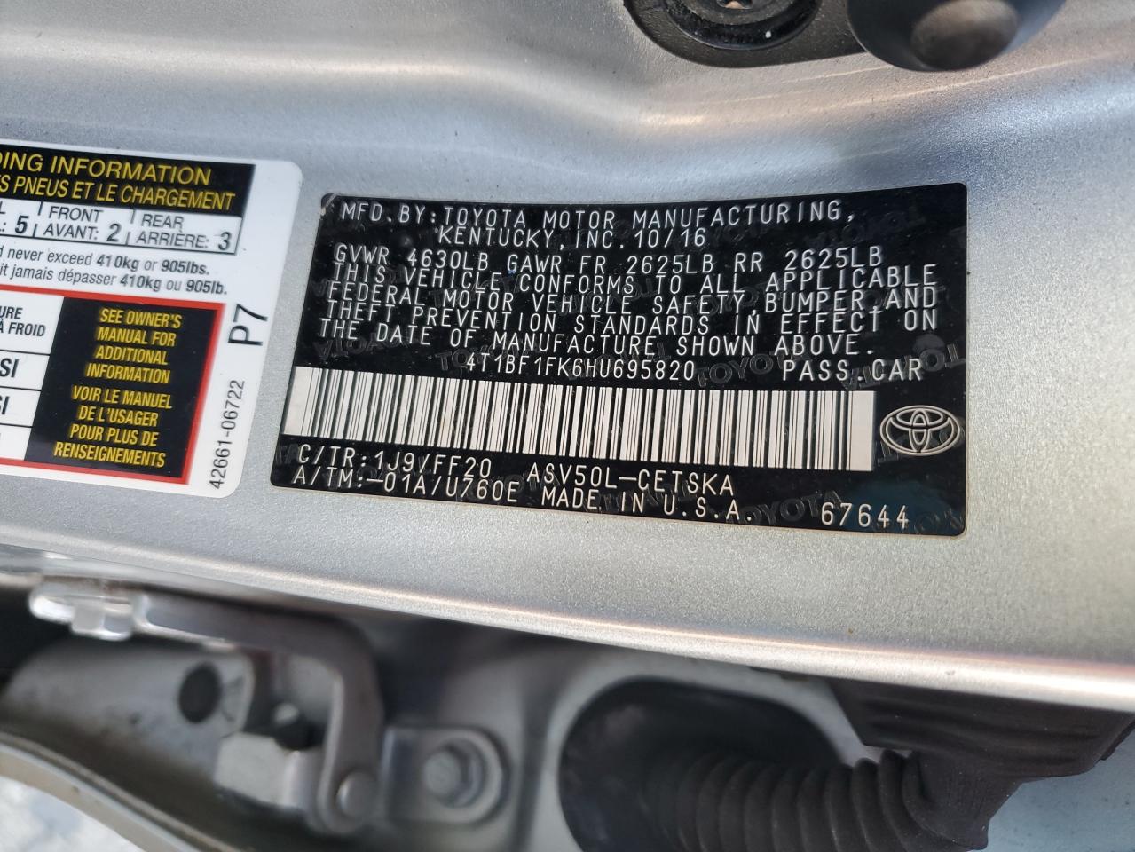 VIN 4T1BF1FK6HU695820 2017 TOYOTA CAMRY no.12