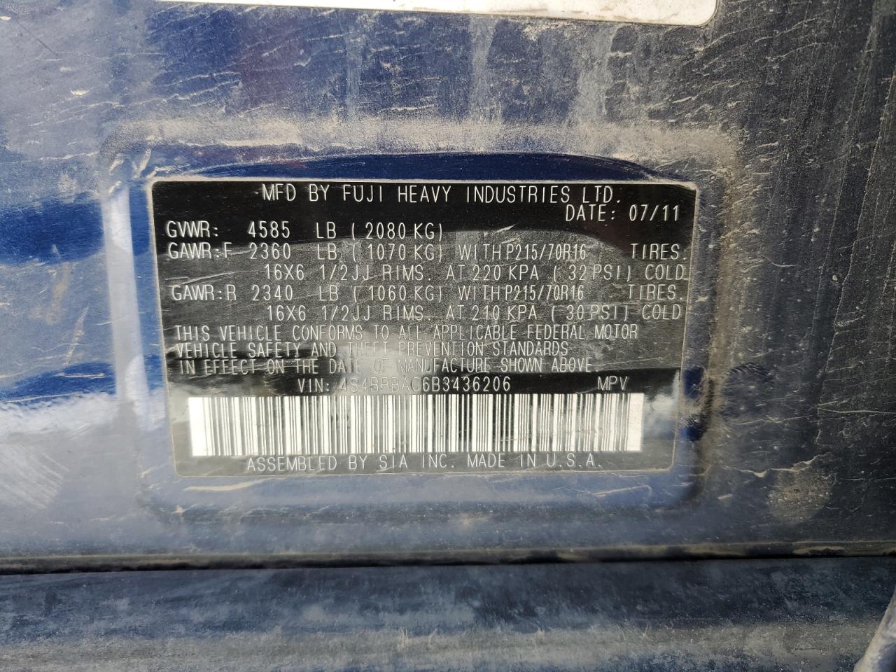 2011 Subaru Outback 2.5I VIN: 4S4BRBAC6B3436206 Lot: 88091735