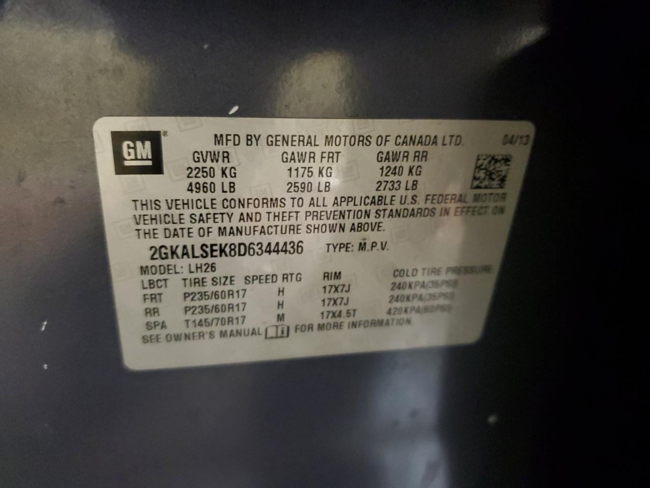 2013 GMC Terrain Sle VIN: 2GKALSEK8D6344436 Lot: 87463174