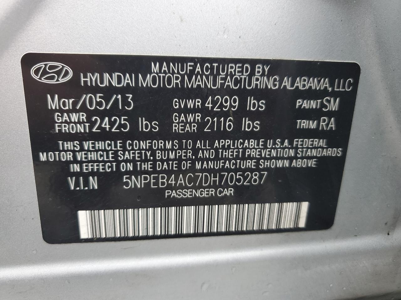 VIN 5NPEB4AC7DH705287 2013 HYUNDAI SONATA no.12