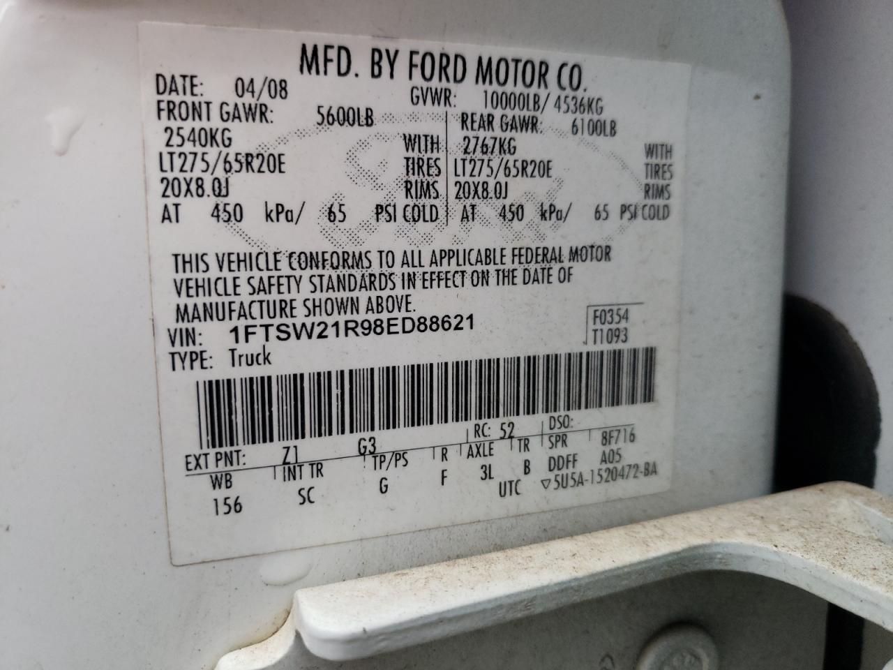 2008 Ford F250 Super Duty VIN: 1FTSW21R98ED88621 Lot: 88956335