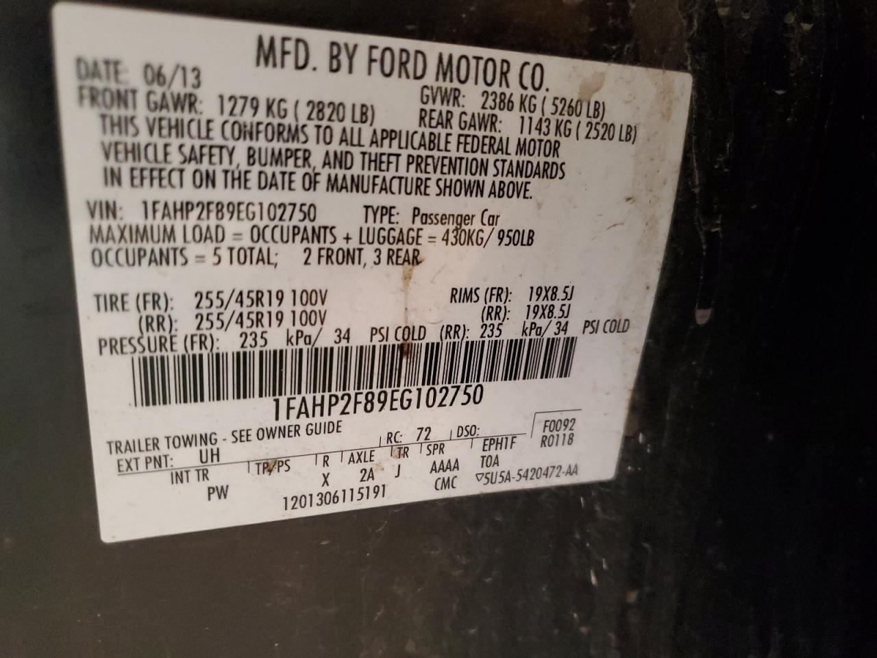 VIN 1FAHP2F89EG102750 2014 FORD TAURUS no.12