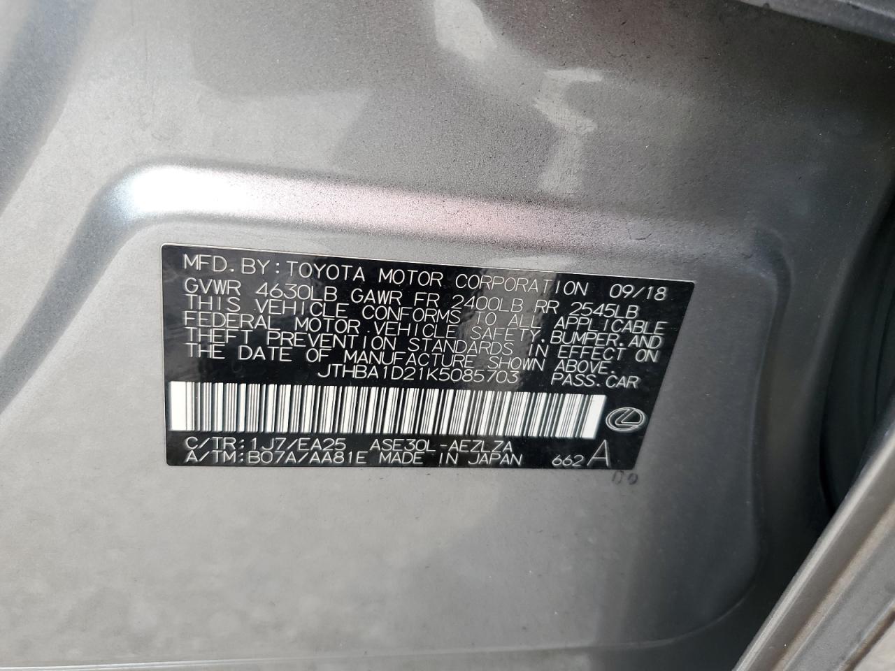 2019 Lexus Is 300 VIN: JTHBA1D21K5085703 Lot: 87241464