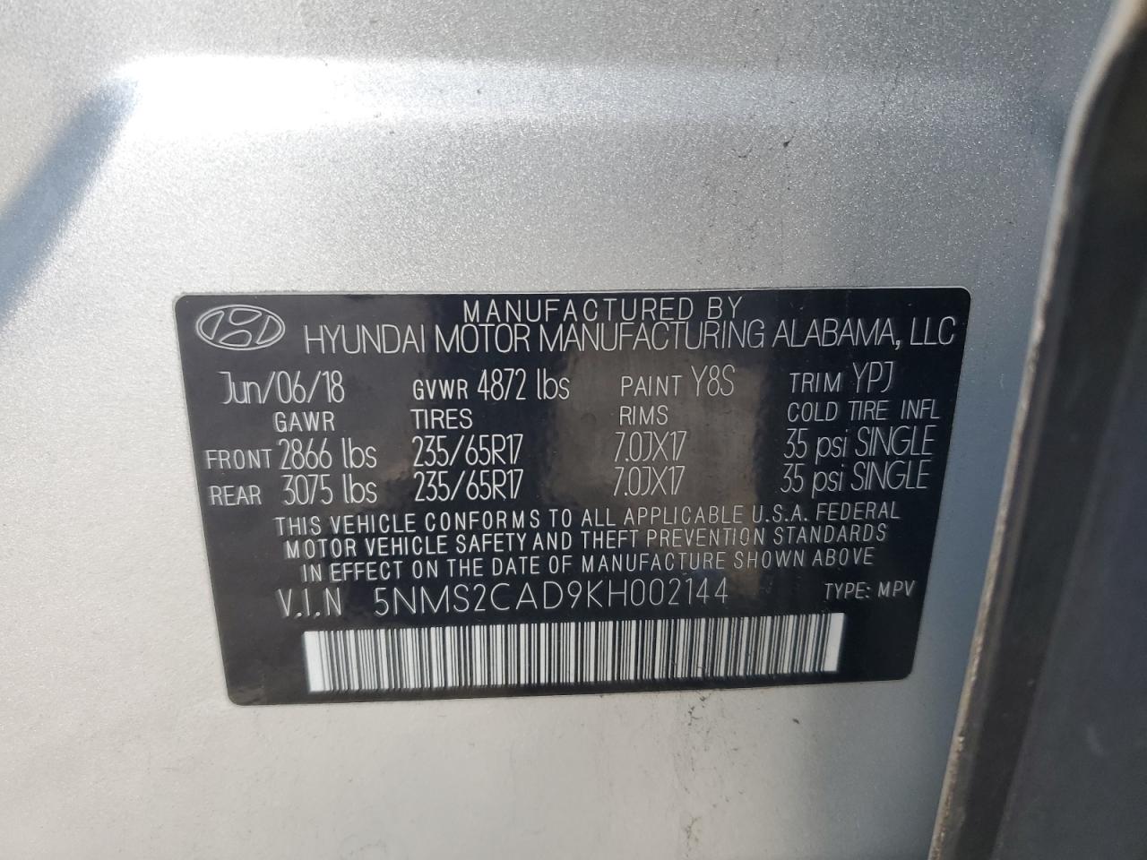 VIN 5NMS2CAD9KH002144 2019 HYUNDAI SANTA FE no.14