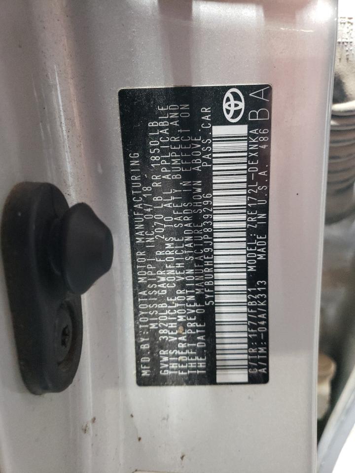 2018 Toyota Corolla L VIN: 5YFBURHE9JP839296 Lot: 88967955