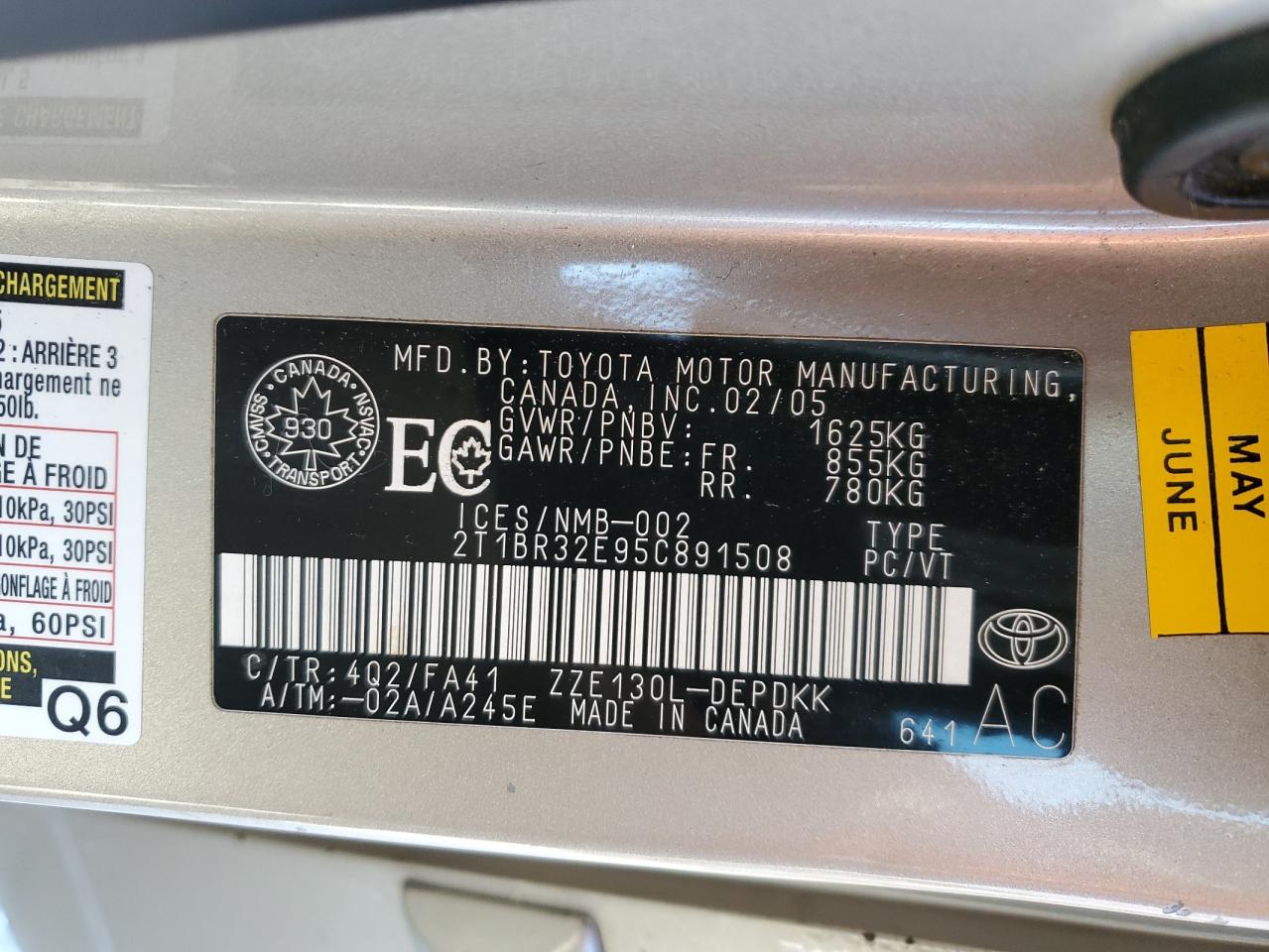 2005 Toyota Corolla Ce VIN: 2T1BR32E95C891508 Lot: 41698525