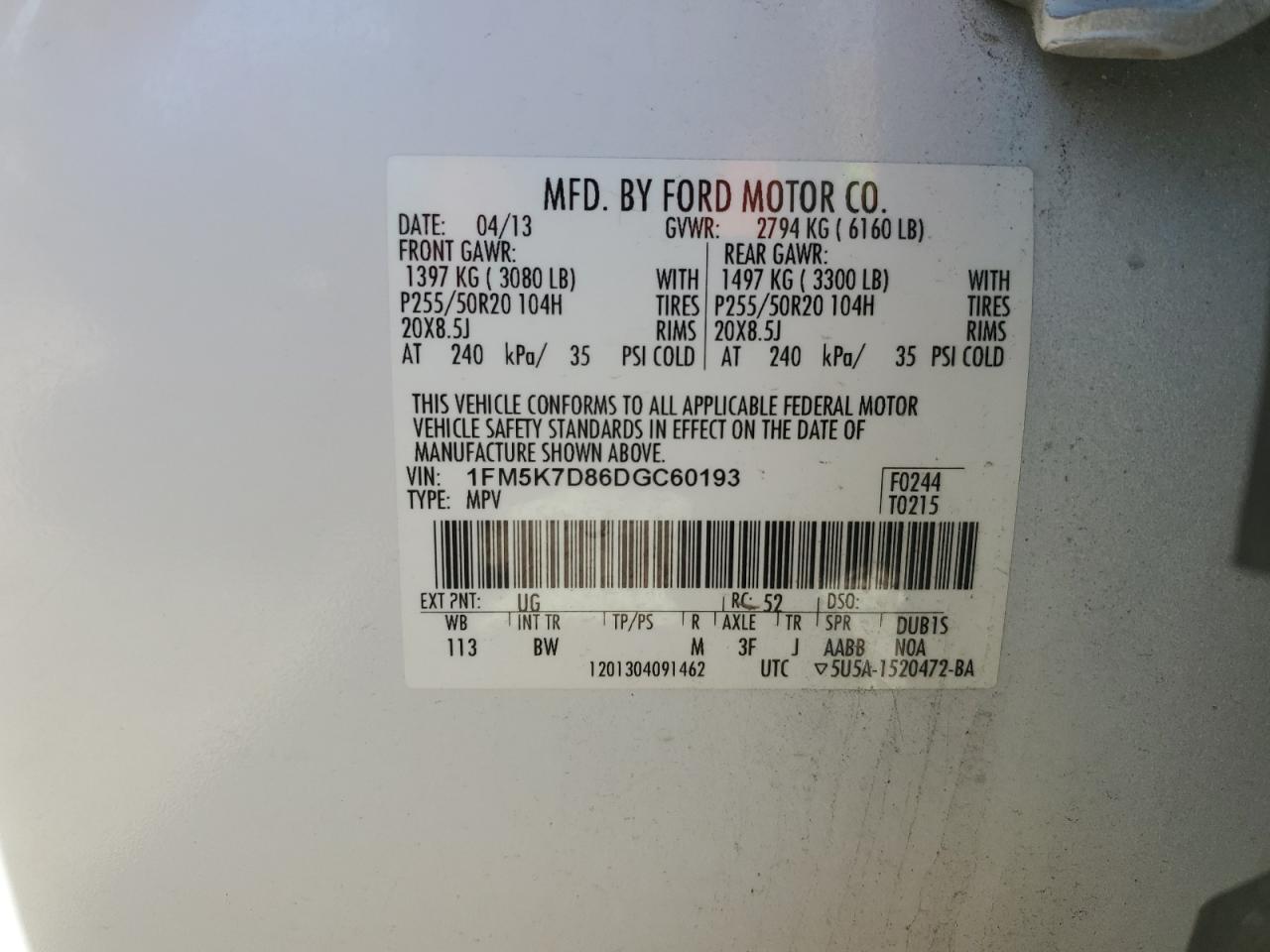 2013 Ford Explorer Xlt VIN: 1FM5K7D86DGC60193 Lot: 41570665