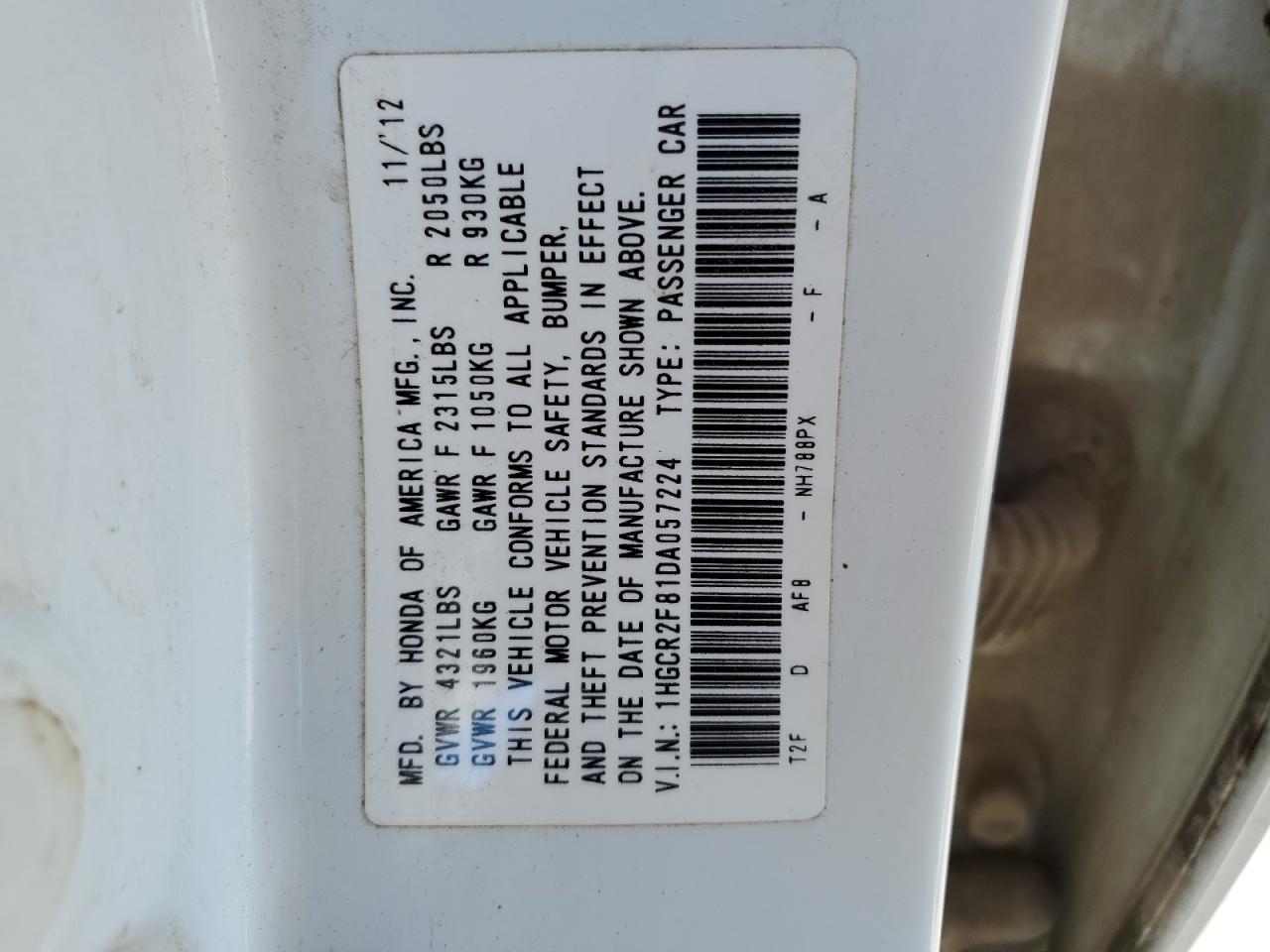 VIN 1HGCR2F81DA057224 2013 HONDA ACCORD no.12