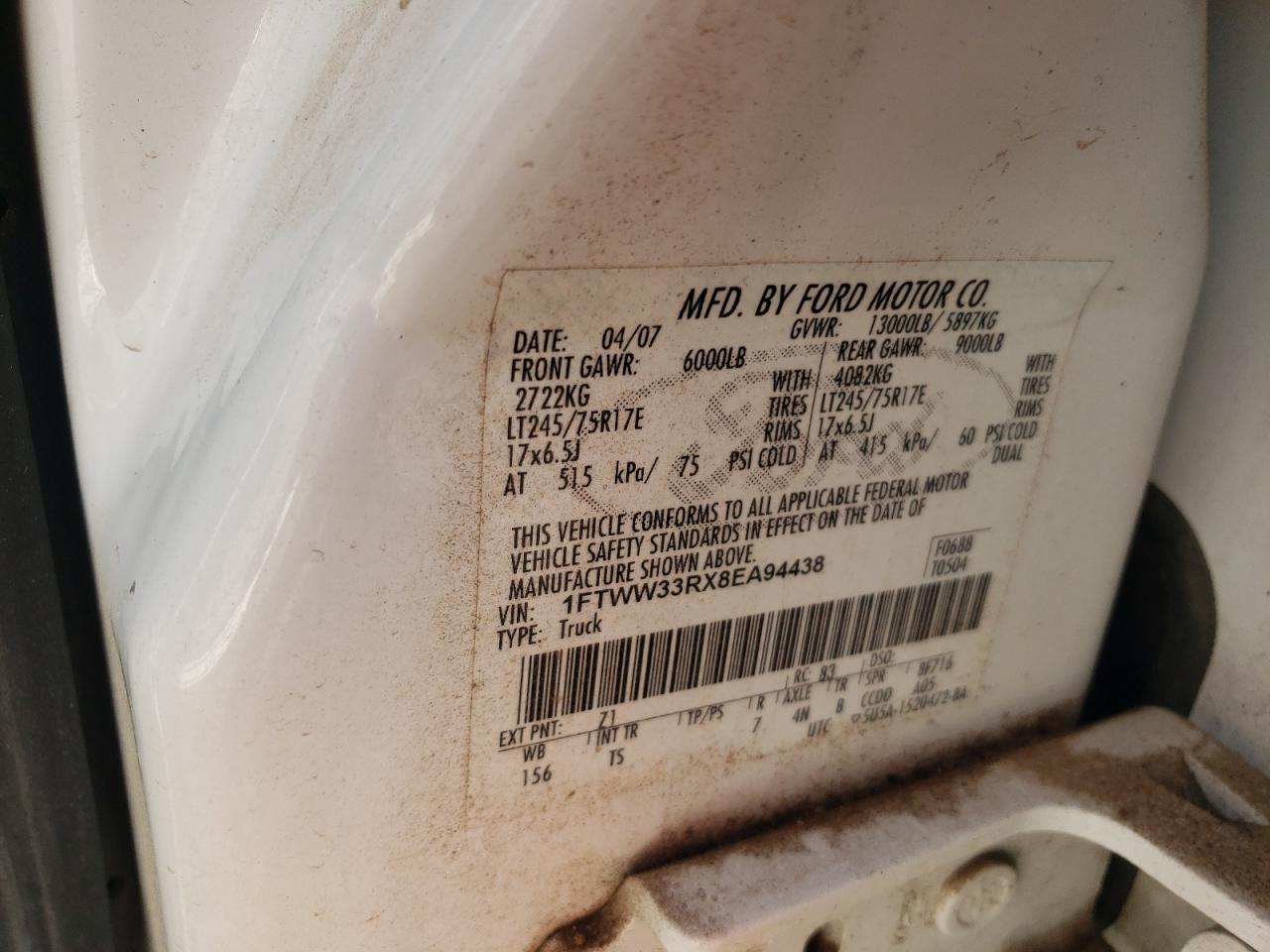 2008 Ford F350 Super Duty VIN: 1FTWW33RX8EA94438 Lot: 86717664