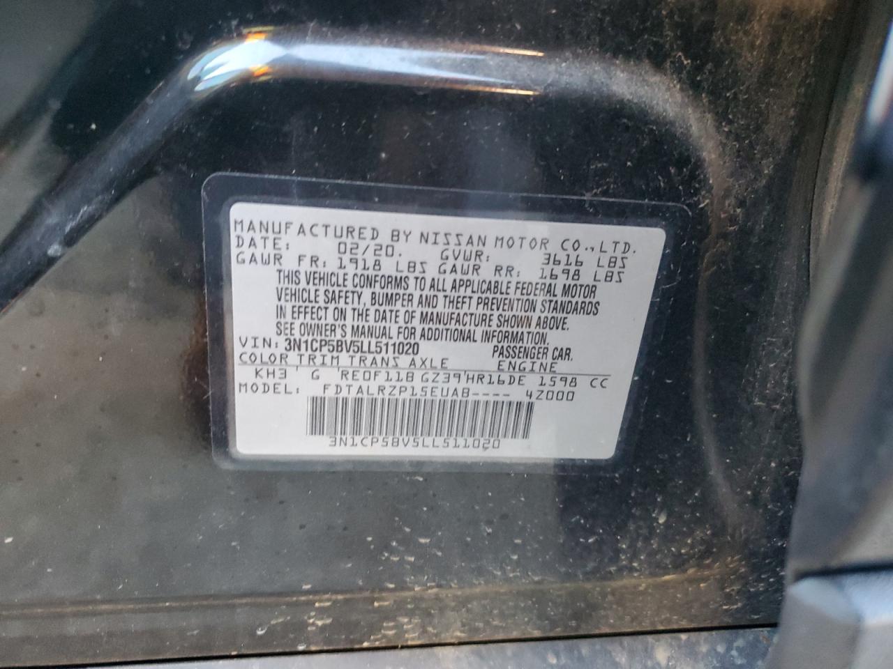 2020 Nissan Kicks S VIN: 3N1CP5BV5LL511020 Lot: 88404435
