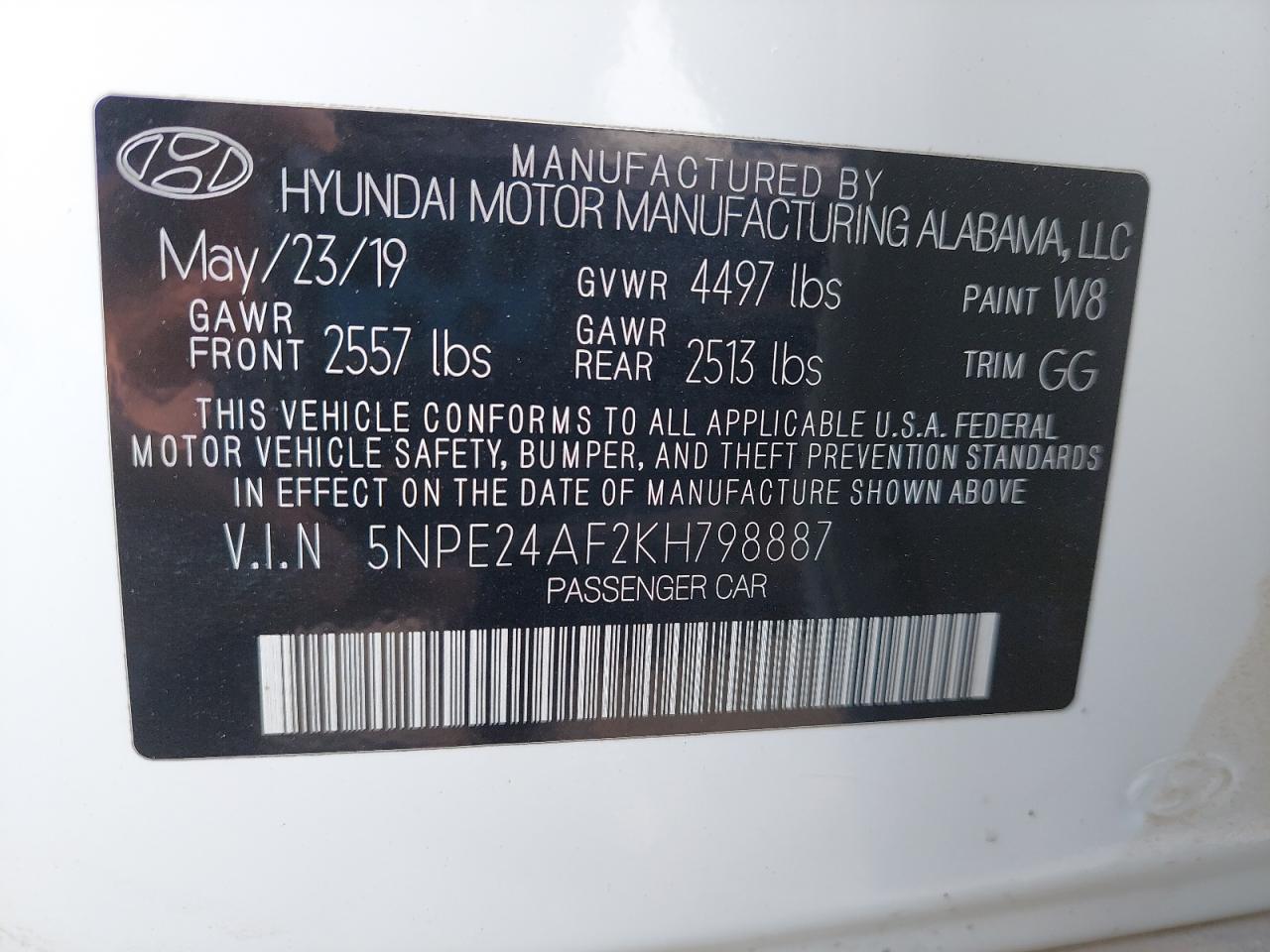 5NPE24AF2KH798887 - 2019 Hyundai SONATA - #87516875