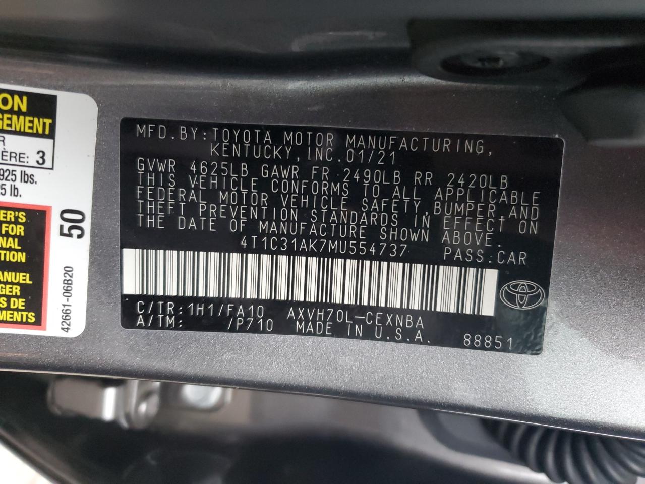 VIN 4T1C31AK7MU554737 2021 TOYOTA CAMRY no.12