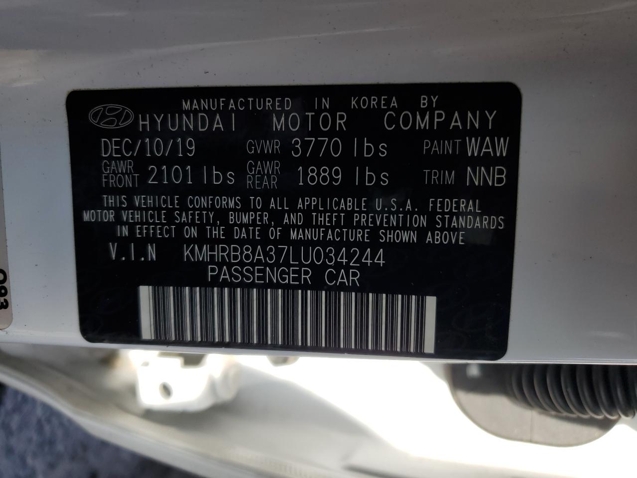2020 Hyundai Venue Se VIN: KMHRB8A37LU034244 Lot: 86574284