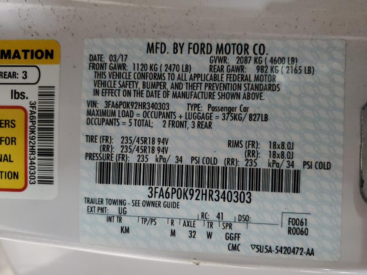 VIN 3FA6P0K92HR340303 2017 FORD FUSION no.13