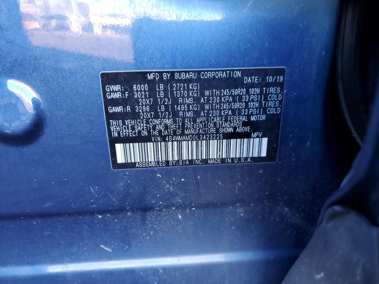 2020 Subaru Ascent Limited VIN: 4S4WMAMD0L3423225 Lot: 88769445