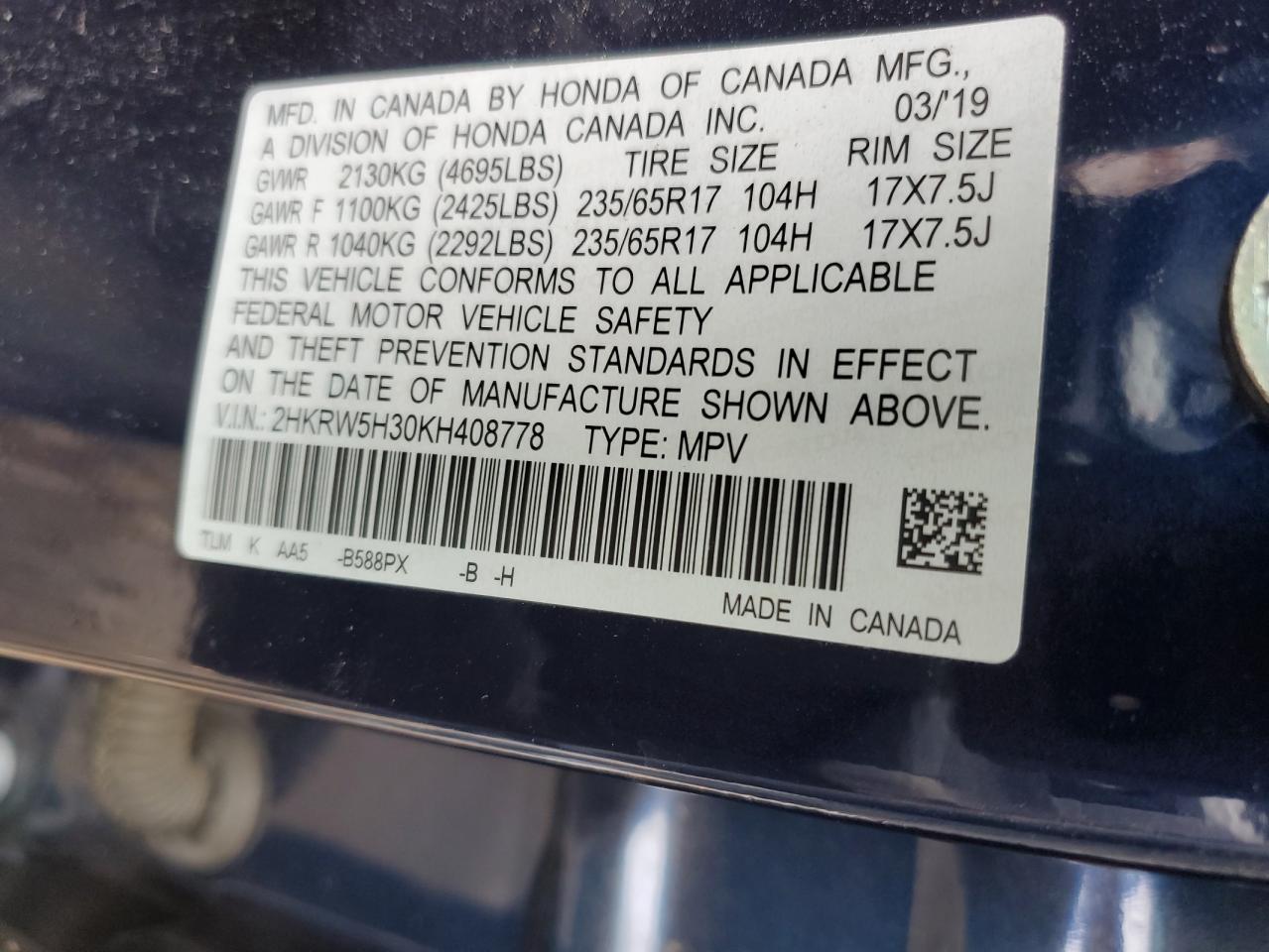2019 Honda Cr-V Lx VIN: 2HKRW5H30KH408778 Lot: 88264505