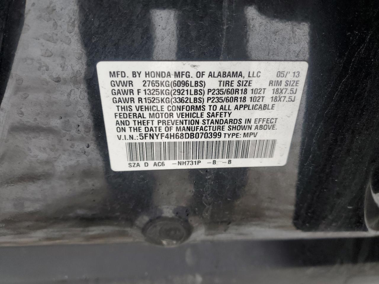 2013 Honda Pilot Exl VIN: 5FNYF4H68DB070399 Lot: 88906395