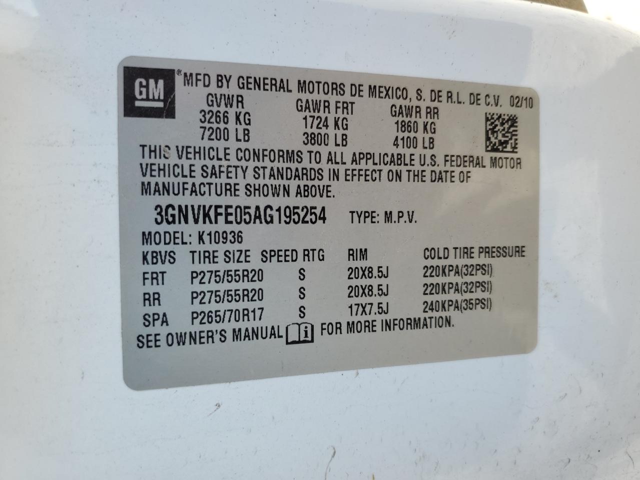2010 Chevrolet Avalanche Lt VIN: 3GNVKFE05AG195254 Lot: 87195484