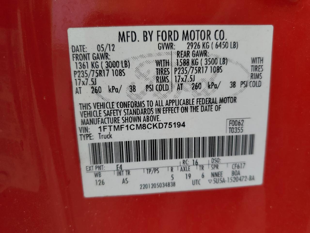 2012 Ford F150 VIN: 1FTMF1CM8CKD75194 Lot: 88237855