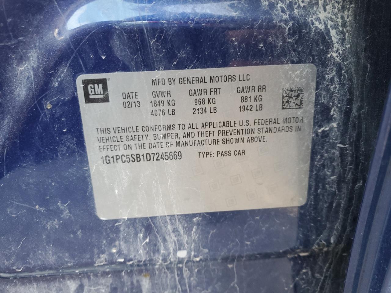 2013 Chevrolet Cruze Lt VIN: 1G1PC5SB1D7245669 Lot: 41504005